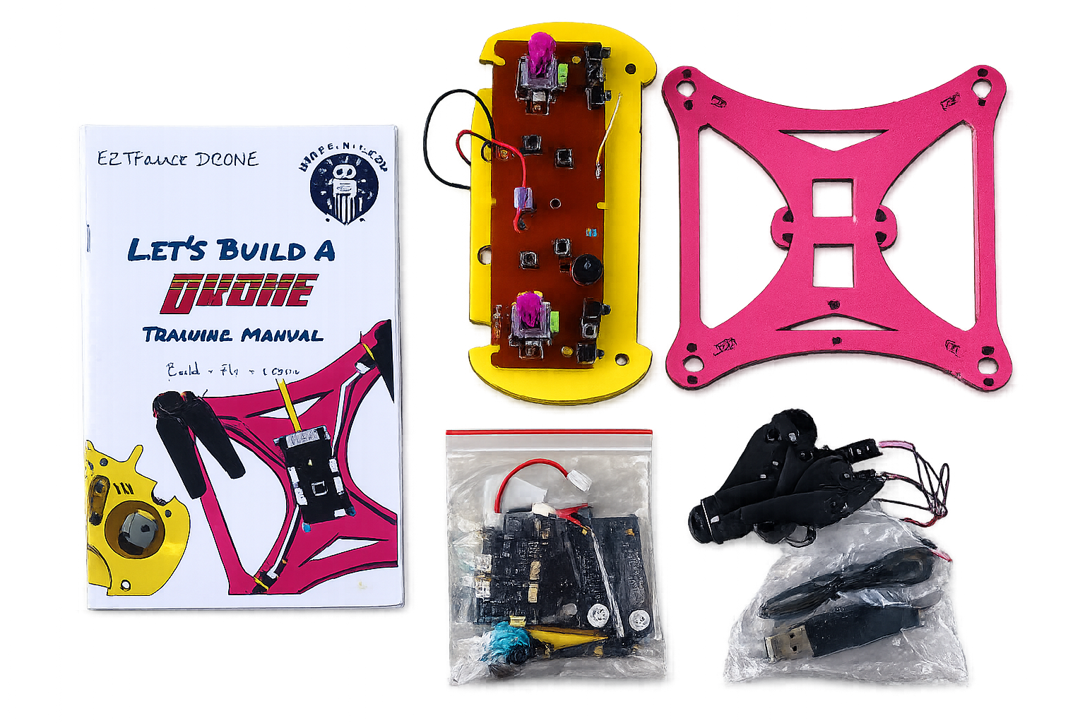DIY Drone Kit parts including frame, motors, controller, batteries, charger, and manual