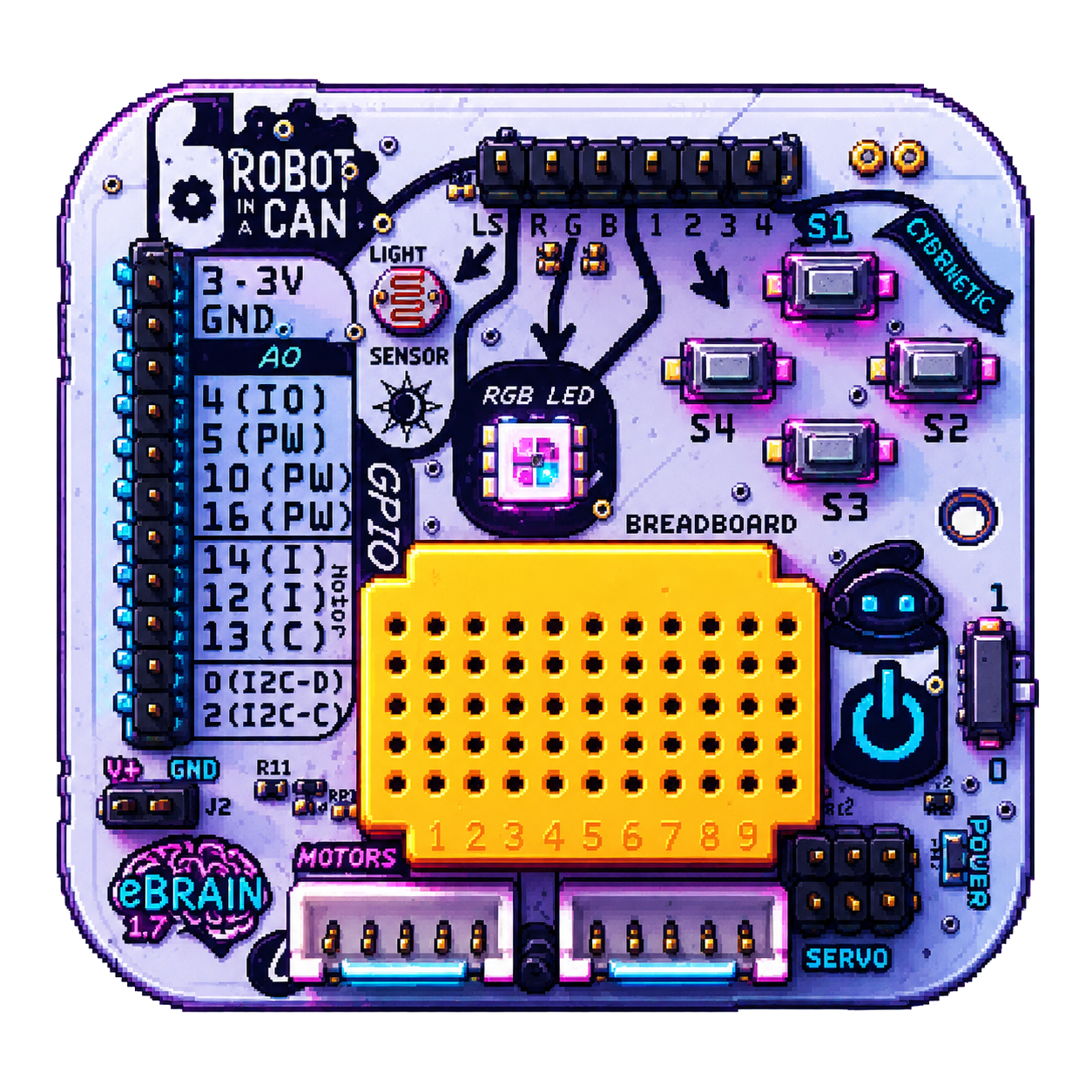 eBrain physical computing board with labelled GPIO, light sensor, RGB LED, buttons, breadboard, motor and servo connections