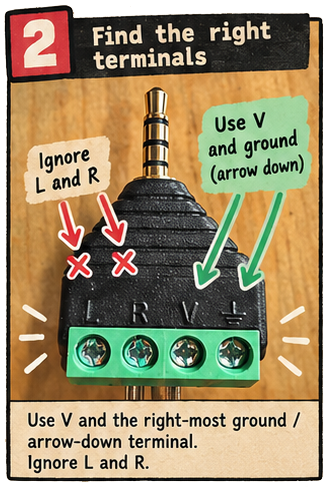 Step 2: Find the V and right-most ground terminals on the TRRS audio jack